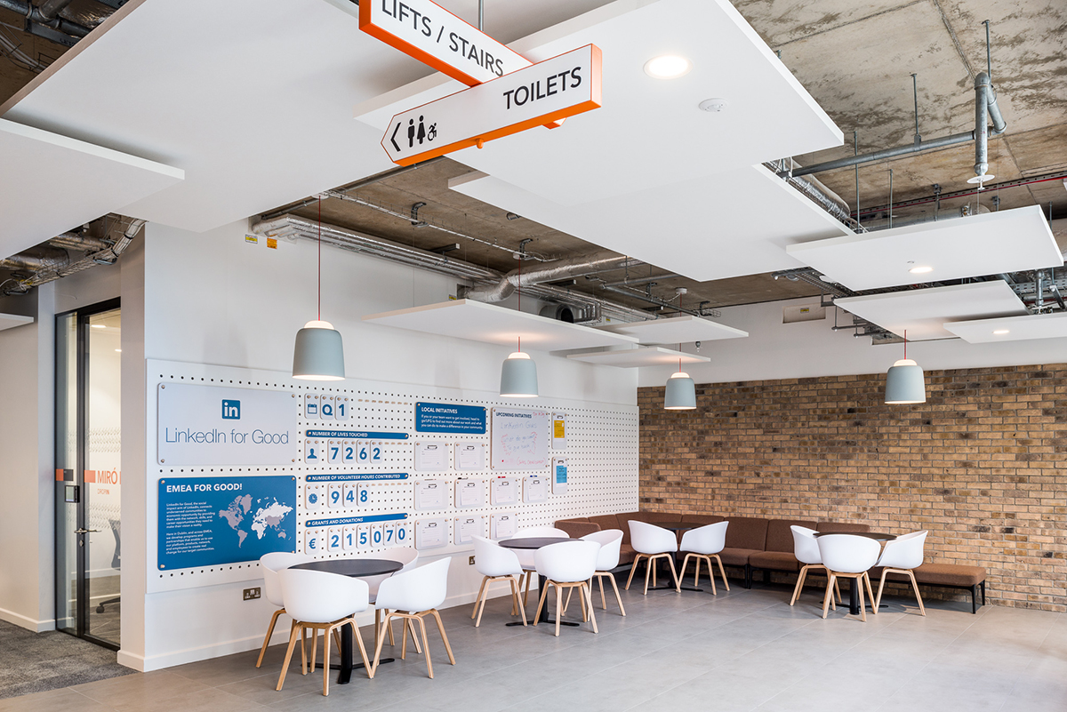 LinkedIn EMEA Office Dublin LinkedIn for Good information wall and suspended wayfinding, LinkedIn EMEA Office Dublin